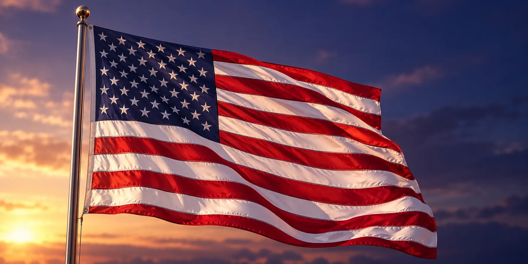 American flag waving at sunset